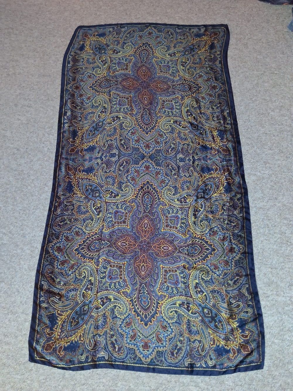 Vintage Style Oblong Paisley Scarf Wrap Blue Gold Burgundy Medallion 34x69